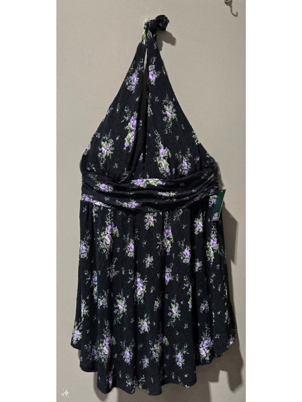 Wild Fable Purple Floral Sleeveless Skater Black Halter Mini Dress - Large 12/14 - Picture 3 of 8